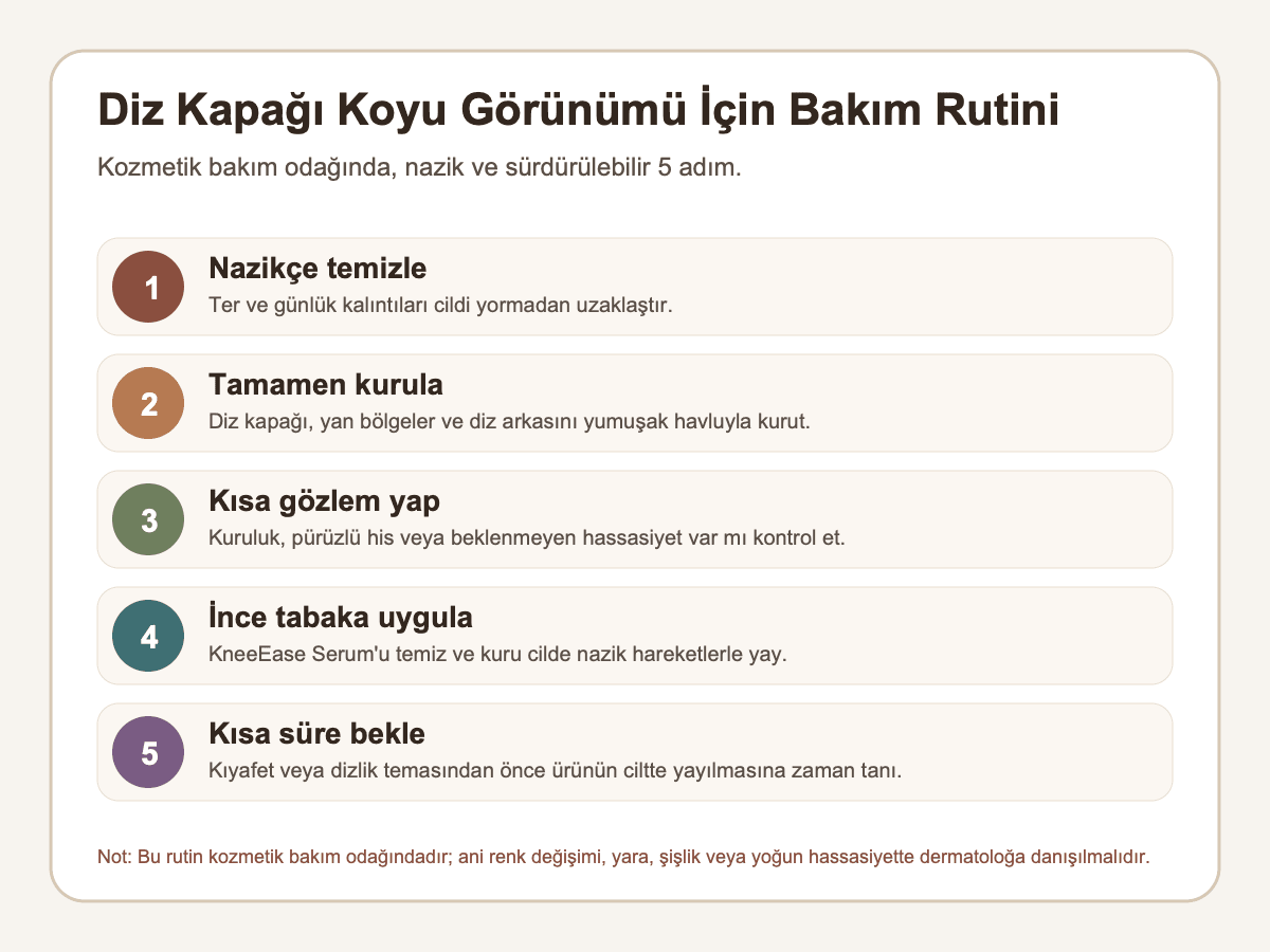 Diz kapağı koyu görünümü için 5 adımlık diz çevresi bakım rutini infografiği