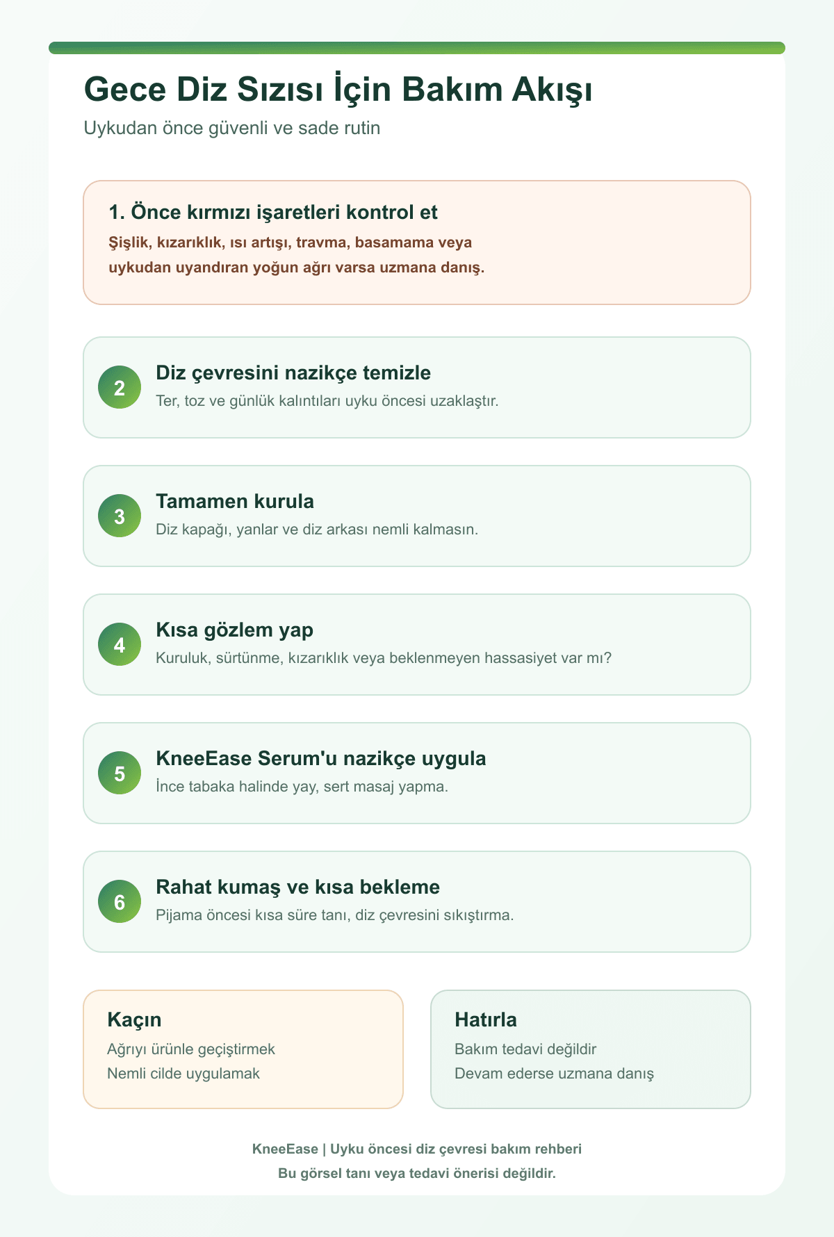 Gece diz ağrısı ve sızı hissi için uyku öncesi bakım rutini infografiği
